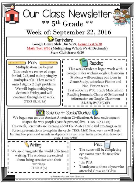 ** 5th Grade ** Week of: September 22, 2016