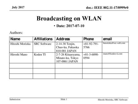 Broadcasting on WLAN Date: Authors: July 2017