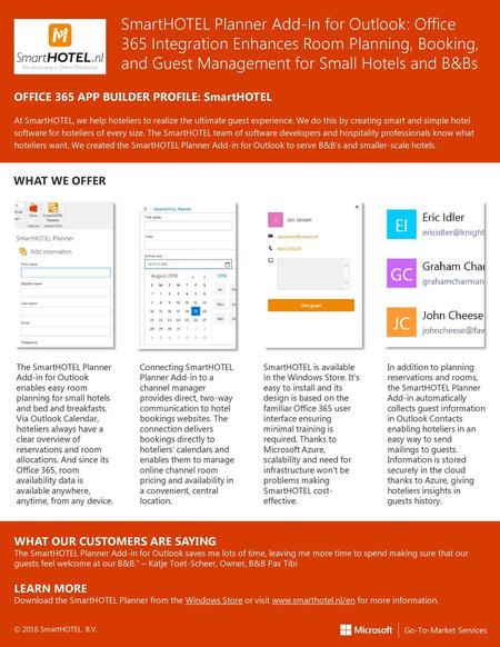 SmartHOTEL Planner Add-In for Outlook: Office 365 Integration Enhances Room Planning, Booking, and Guest Management for Small Hotels and B&Bs OFFICE 365.