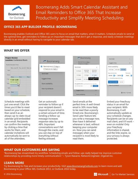Boomerang Adds Smart Calendar Assistant and Email Reminders to Office 365 That Increase Productivity and Simplify Meeting Scheduling OFFICE 365 APP BUILDER.