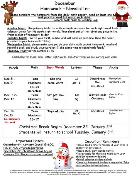 December Homework - Newsletter