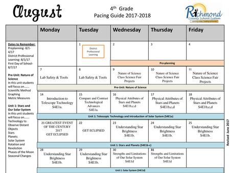 4th Grade Pacing Guide Monday Tuesday Wednesday Thursday