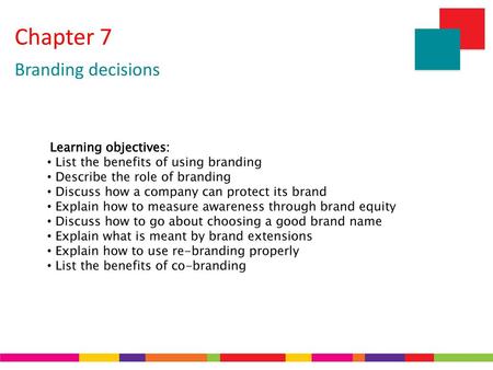 Chapter 7 Branding decisions Learning objectives: