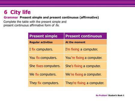 6 City life Present simple Present continuous I fix computers.