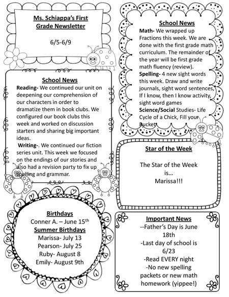 Ms. Schiappa’s First Grade Newsletter