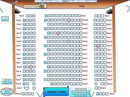 Screen Stage Lecturer’s desk Gallagher Theater Row A Row A Row A Row B