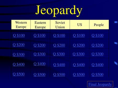 Jeopardy Q $100 Q $100 Q $100 Q $100 Q $100 Q $200 Q $200 Q $200