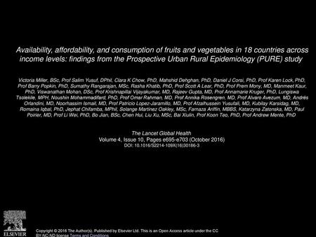 Availability, affordability, and consumption of fruits and vegetables in 18 countries across income levels: findings from the Prospective Urban Rural.