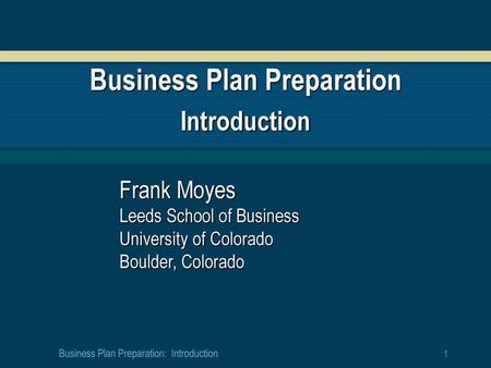 Business Plan Preparation Introduction