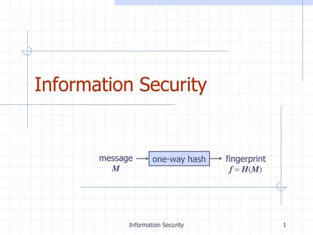 Information Security message M one-way hash fingerprint f = H(M)