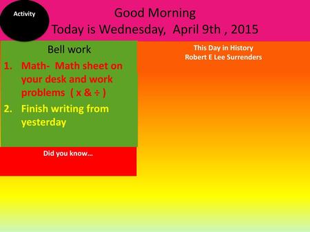 Good Morning Today is Wednesday, April 9th , 2015