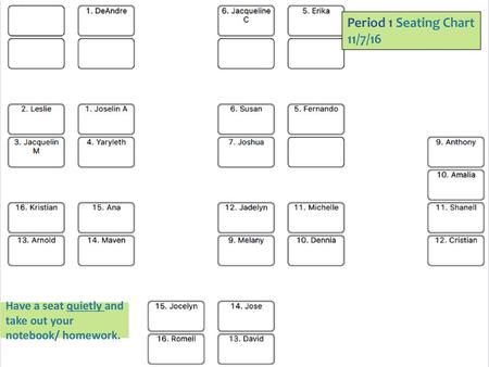 Period 1 Seating Chart 11/7/16