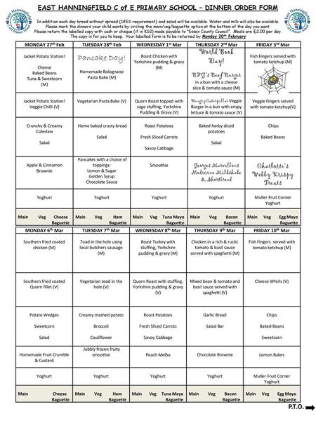 EAST HANNINGFIELD C of E PRIMARY SCHOOL – DINNER ORDER FORM