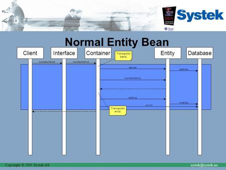 Copyright © 2001 Systek Normal Entity Bean ClientInterfaceContainerDatabaseEntity businessMethod ejbLoad readData Transaction starts.