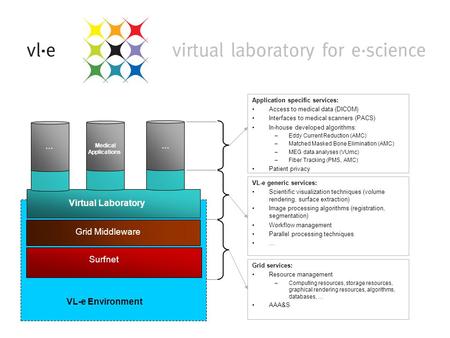 VL-e generic services: Scientific visualization techniques (volume rendering, surface extraction) Image processing algorithms (registration, segmentation)