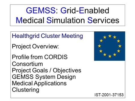 GEMSS: Grid-Enabled Medical Simulation Services Healthgrid Cluster Meeting Project Overview: Profile from CORDIS Consortium Project Goals / Objectives.