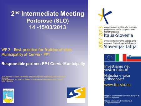 WP 2 – Best practice for fruition of sites Municipality of Cervia – PP1 Responsible partner: PP1 Cervia Municipalty Javni razpis št. 02/2009: SALTWORKS.