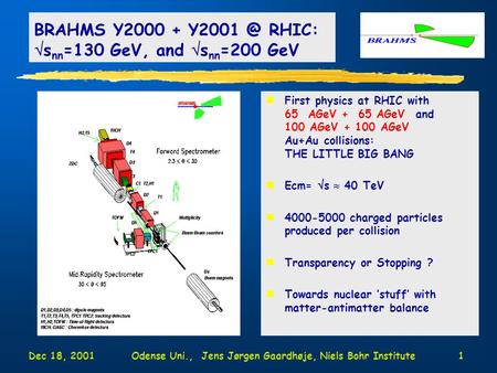 Dec 18, 2001Odense Uni., Jens Jørgen Gaardhøje, Niels Bohr Institute1 nFirst physics at RHIC with 65 AGeV + 65 AGeV and 100 AGeV + 100 AGeV Au+Au collisions: