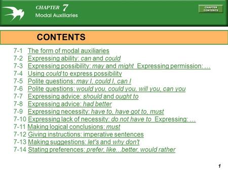 1 7-1 The form of modal auxiliariesThe form of modal auxiliaries 7-2 Expressing ability: can and couldExpressing ability: can and could 7-3 Expressing.