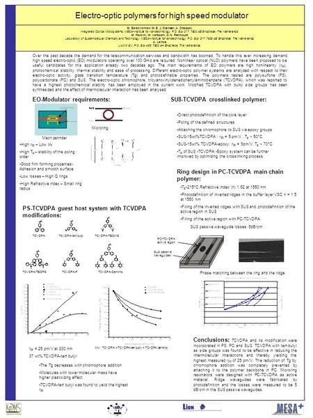 Electro-optic polymers for high speed modulator M. Balakrishnan, M. B. J. Diemeer, A. Driessen, Integrated Optical Microsystems, MESA+Institute for Nanotechnology,