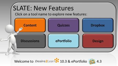 ContentQuizzesDropbox DiscussionsePortfolio Design Click on a tool name to explore new features: Welcome to 10.3 & ePortfolio 4.3 SLATE: New Features.