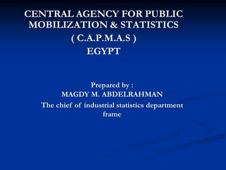 CENTRAL AGENCY FOR PUBLIC MOBILIZATION & STATISTICS ( C.A.P.M.A.S ) EGYPT Prepared by : MAGDY M. ABDELRAHMAN The chief of industrial statistics department.