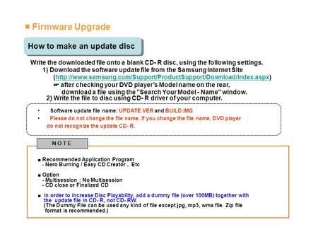 Write the downloaded file onto a blank CD- R disc, using the following settings. 1) Download the software update file from the Samsung Internet Site (http://www.samsung.com/Support/ProductSupport/Download/index.aspx)http://www.samsung.com/Support/ProductS