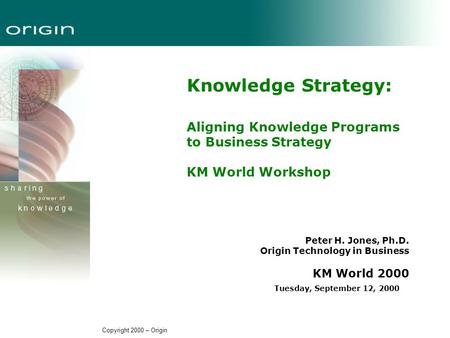 Copyright 2000 – Origin Knowledge Strategy: Aligning Knowledge Programs to Business Strategy KM World Workshop Peter H. Jones, Ph.D. Origin Technology.