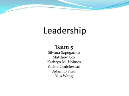 Team 5 Silvana Szpoganicz Matthew Cox Kathryn M. Holmes Yacine Omichessan Adam O'Shea Yun Wang.