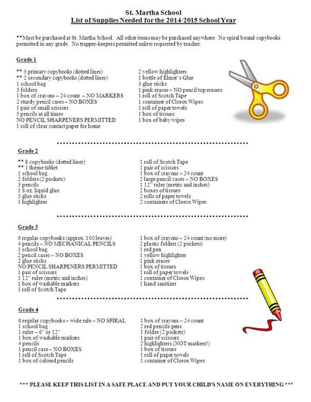 St. Martha School List of Supplies Needed for the 2014/2015 School Year Grade 1 ** 3 primary copybooks (dotted lines) ** 2 secondary copybooks (dotted.