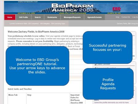 Welcome to EBD Group’s partneringONE tutorial. Use your arrow keys to advance the slides. Successful partnering focuses on your: Profile Agenda Requests.