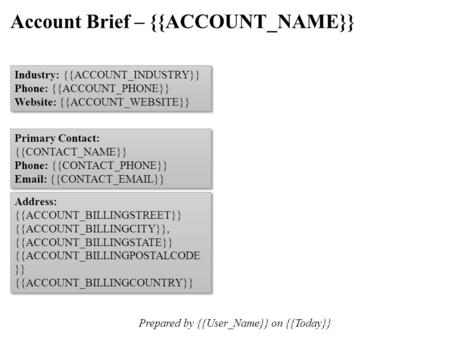 Account Brief – {{ACCOUNT_NAME}} Address: {{ACCOUNT_BILLINGSTREET}} {{ACCOUNT_BILLINGCITY}}, {{ACCOUNT_BILLINGSTATE}} {{ACCOUNT_BILLINGPOSTALCODE }} {{ACCOUNT_BILLINGCOUNTRY}}