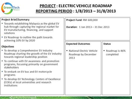 Copyright Reserved GreenTech Malaysia 1 Project Brief/Summary  Towards establishing Malaysia as the global EV hub through capturing the regional market.