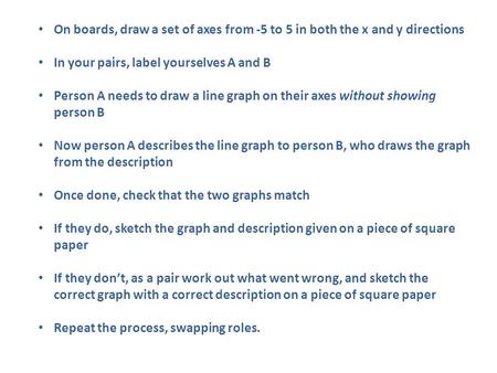 On boards, draw a set of axes from -5 to 5 in both the x and y directions In your pairs, label yourselves A and B Person A needs to draw a line graph on.