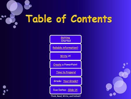 Getting Getting Started Reliable information?WriteWrite it!CreateCreate a PowerPointGrade: Your Grade?Your Grade?Time to Prepare!Due Dates: Slide 14Slide.