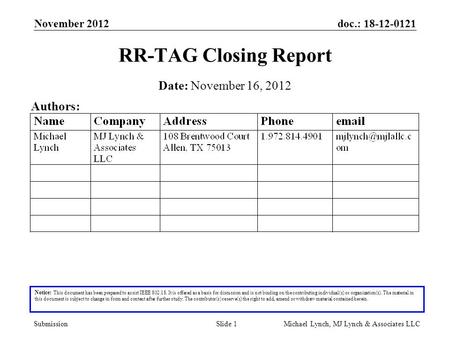 Doc.: 18-12-0121 Submission November 2012 Michael Lynch, MJ Lynch & Associates LLCSlide 1 RR-TAG Closing Report Notice: This document has been prepared.