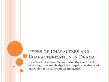 T YPES OF C HARACTERS AND C HARACTERIZATION IN D RAMA Reading 3.10 – identify and describe the function of dialogue, scene designs, soliloquies, asides,