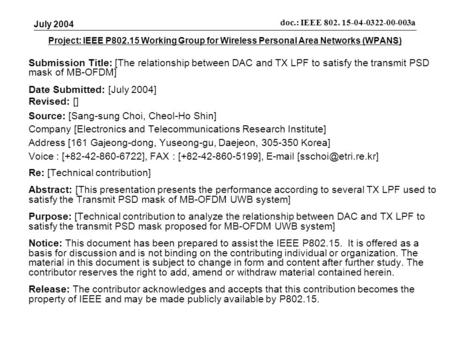 Project: IEEE P802.15 Working Group for Wireless Personal Area Networks (WPANS) Submission Title: [The relationship between DAC and TX LPF to satisfy the.