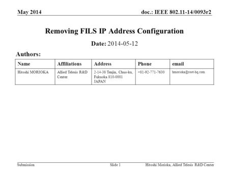 Doc.: IEEE 802.11-14/0093r2 Submission NameAffiliationsAddressPhoneemail Hitoshi MORIOKAAllied Telesis R&D Center 2-14-38 Tenjin, Chuo-ku, Fukuoka 810-0001.