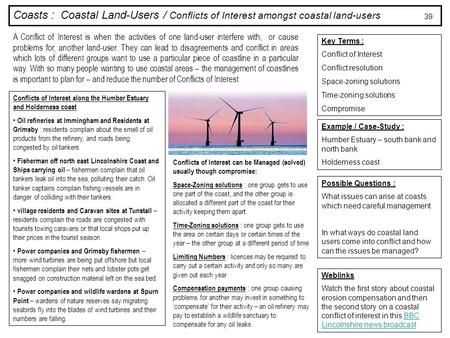 Coasts : Coastal Land-Users / Conflicts of Interest amongst coastal land-users Key Terms : Conflict of Interest Conflict resolution Space-zoning solutions.