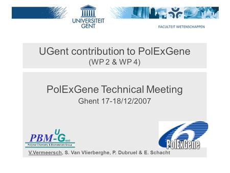 UGent contribution to PolExGene (WP 2 & WP 4) PolExGene Technical Meeting Ghent 17-18/12/2007 PBM G ent - G entU Polymer Chemistry & Biomaterials Group.