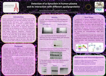 Detection of α-Synuclein in human plasma and its interaction with different apolipoproteins By Fatemeh Nouri Emamzadeh (supervisor David Allsop) Division.