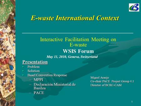 1 E-waste International Context Presentation ProblemProblem SolutionSolution Basel Convention ResponseBasel Convention Response –MPPI –Declaración Ministerial.