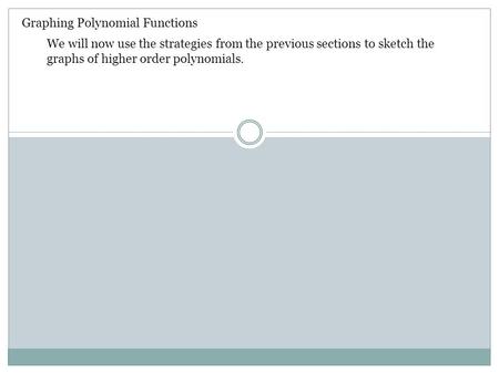 Graphing Polynomial Functions We will now use the strategies from the previous sections to sketch the graphs of higher order polynomials.