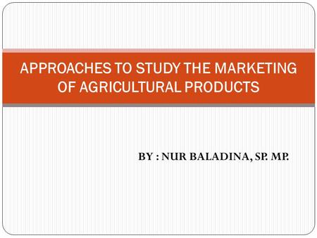 BY : NUR BALADINA, SP. MP. APPROACHES TO STUDY THE MARKETING OF AGRICULTURAL PRODUCTS.