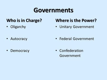 Governments Who is in Charge? Where is the Power? Oligarchy Autocracy