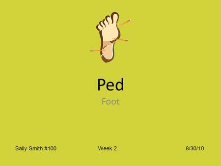 Ped Foot Sally Smith #100 Week 2 8/30/10. Bi ped (n.) Cent i pede (n.) Im ped i ment (n.) Mil li pede (n.) Ped al (n.) Ped dler (n.) Pe de stri an (n.)