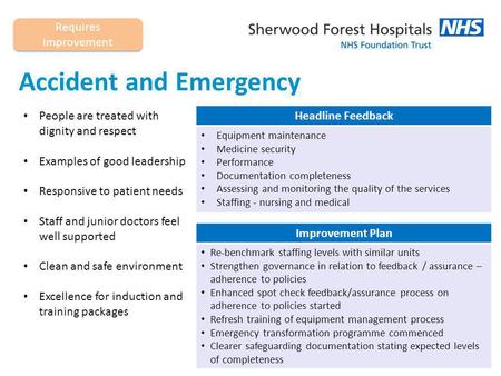 Accident and Emergency People are treated with dignity and respect Examples of good leadership Responsive to patient needs Staff and junior doctors feel.