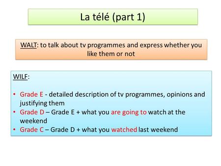 La télé (part 1) WALT: to talk about tv programmes and express whether you like them or not WILF: Grade E - detailed description of tv programmes, opinions.