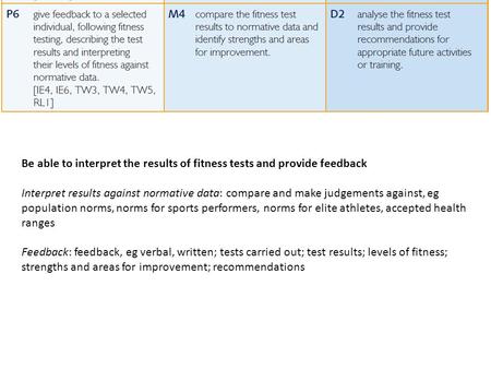 Be able to interpret the results of fitness tests and provide feedback Interpret results against normative data: compare and make judgements against, eg.